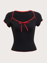 ROMWE Sweetness Contrast Binding Lettuce Trim Tee